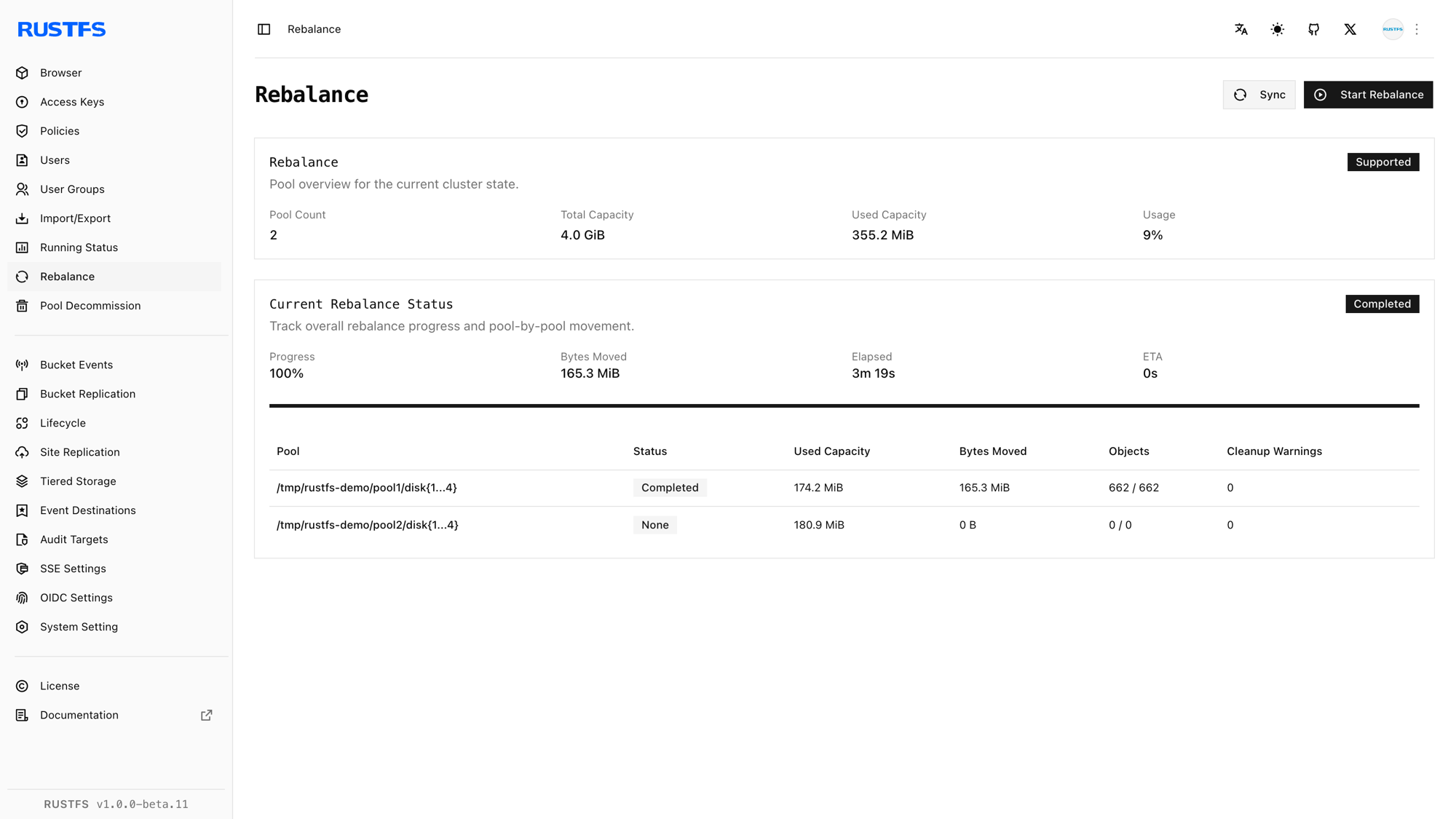 RustFS Console showing a completed rebalance and balanced pool usage