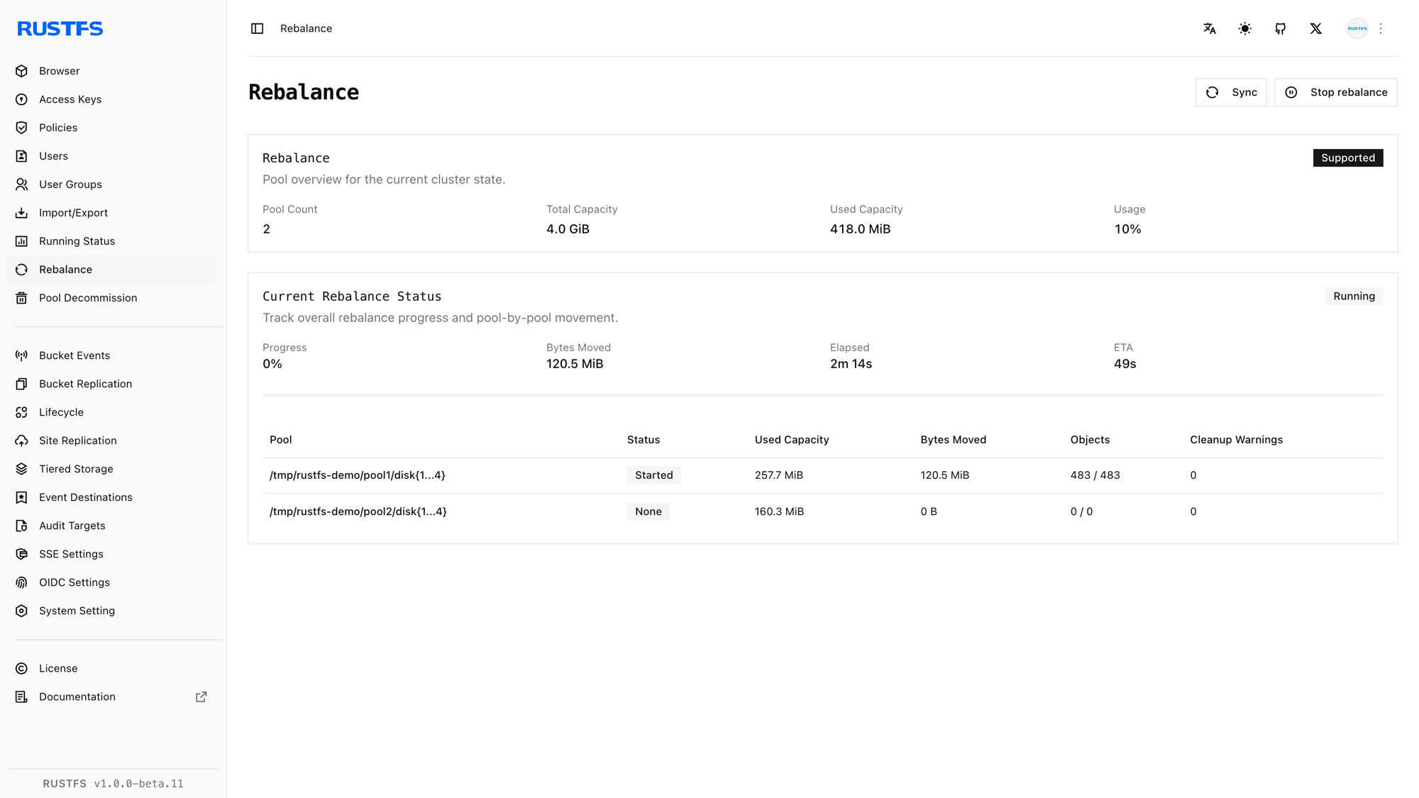 RustFS Console showing a rebalance in progress with moved bytes and objects