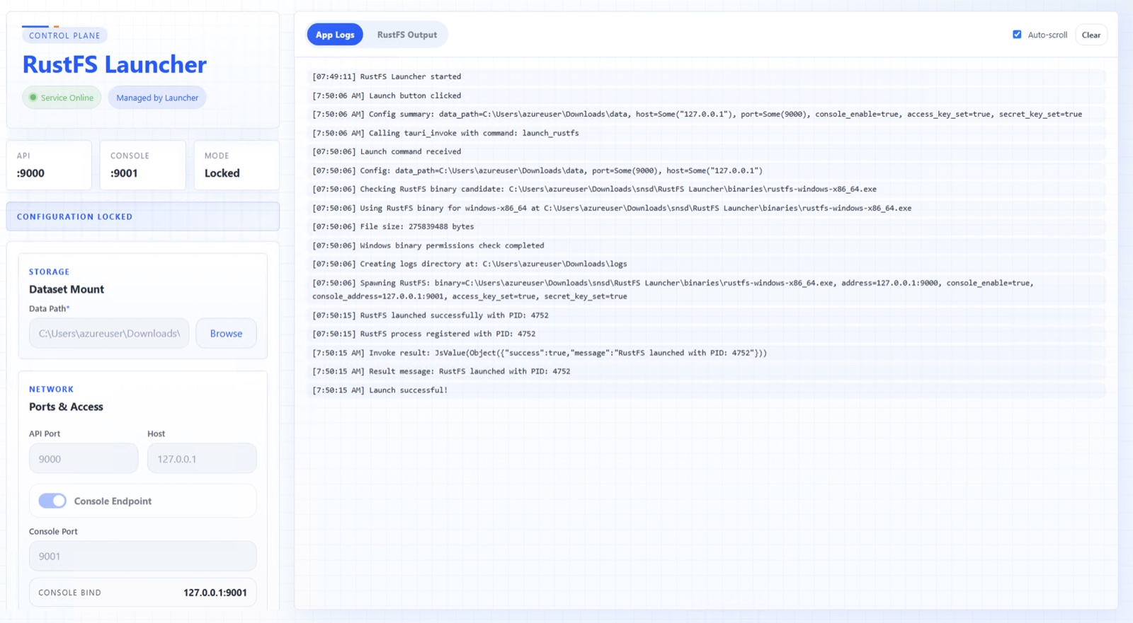 RustFS Launcher showing the service online with API port 9000, Console port 9001, and successful startup logs